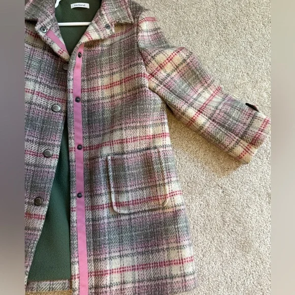 Cacharel Paris Plaid Wool Coat Green Pink Accents Size Small 6/7 Girls - Picture 2 of 10